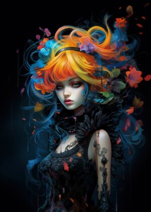Vibrant Fantasy Flower Girl Art Print - Premium Wooden Framed Poster. Ready to Hang.