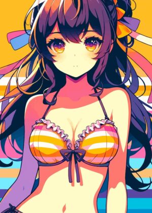 Sunset Anime Girl: Vibrant Summer Vibes - Premium Wooden Framed Poster. Ready to Hang.