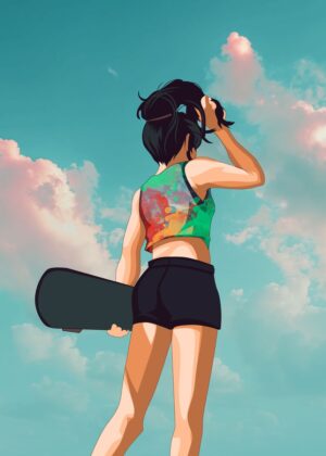 Summer Skateboarding Girl: Anime Art Print - Premium Wooden Framed Poster. Ready to Hang.