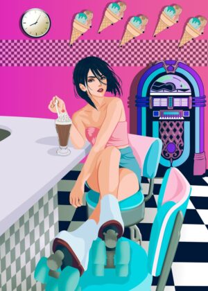 Retro Anime Girl in a Diner - Premium Wooden Framed Poster. Ready to Hang.