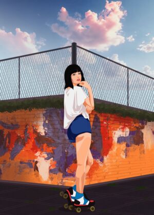 Urban Street Anime Girl Art Print - Premium Wooden Framed Poster. Ready to Hang.
