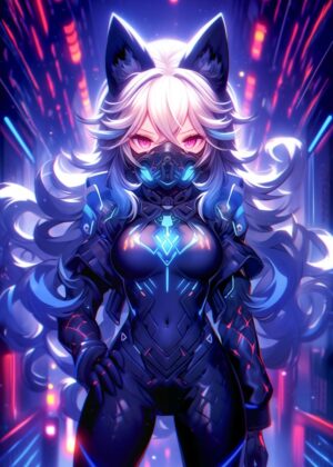 Cyberpunk Catgirl: Neon City Dreams - Premium Wooden Framed Poster. Ready to Hang.