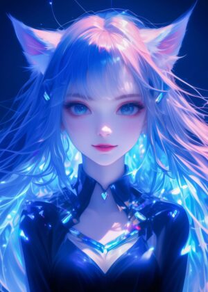 Ethereal Catgirl: A Digital Art Print - Premium Wooden Framed Poster. Ready to Hang.