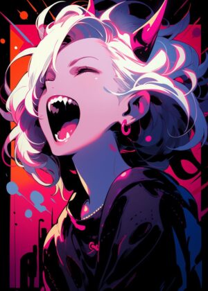 Anime Girl Halloween: Fierce Demoness - Premium Wooden Framed Poster. Ready to Hang.