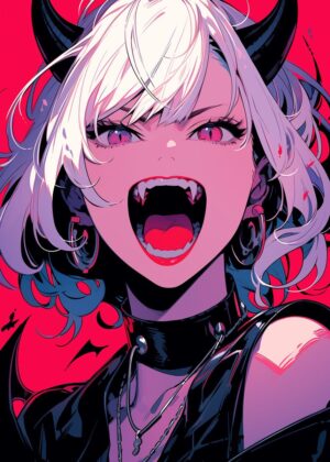 Anime Girl Halloween Artwork: Fierce and Fun - Premium Wooden Framed Poster. Ready to Hang.