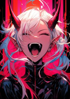 Anime Girl Halloween: Fiery Demoness - Premium Wooden Framed Poster. Ready to Hang.