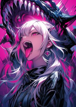 Anime Girl Halloween: Fierce and Fabulous - Premium Wooden Framed Poster. Ready to Hang.