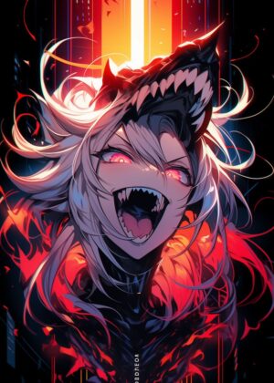 Fierce Anime Girl Halloween Artwork - Premium Wooden Framed Poster. Ready to Hang.