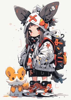 Kawaii Anime Girl with Adorable Fox Companion - Premium Wooden Framed Poster. Ready to Hang.