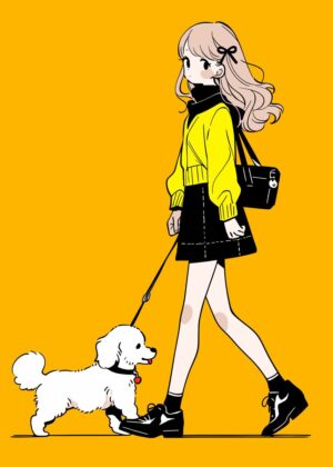Kawaii Girl Walking Her Dog: A Whimsical Illustration - Premium Wooden Framed Poster. Ready to Hang.