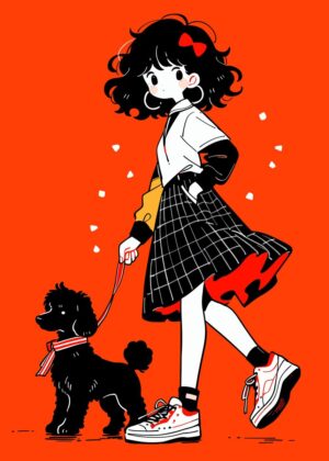 Kawaii Girl Walking Her Poodle: Trendy Anime Art Print - Premium Wooden Framed Poster. Ready to Hang.