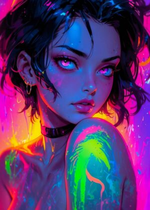 Neon Cyberpunk Anime Girl Art Print - Premium Wooden Framed Poster. Ready to Hang.