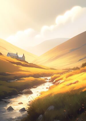 Anime Style Irish Countryside Sunset - Premium Wooden Framed Poster. Ready to Hang.