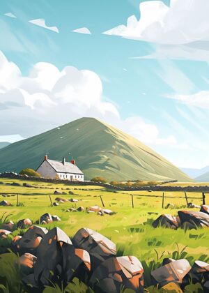 Anime Style Irish Countryside Landscape Art Print - Premium Wooden Framed Poster. Ready to Hang.