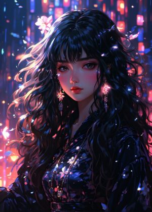 Neon Encounter: Anime Girl in City Lights - Premium Wooden Framed Poster. Ready to Hang.