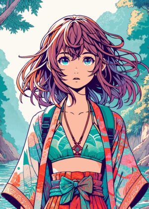 Anime Japanese Girl in Nature: Vibrant Summer Artwork - Premium Wooden Framed Poster. Ready to Hang.