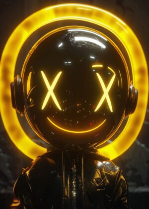 Smiley Ring: Cyberpunk Art - Premium Wooden Framed Poster. Ready to Hang.