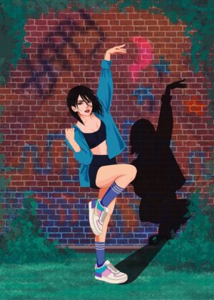 Sporty Mikasa Girl: Street Style Illustration - Premium Wooden Framed Poster. Ready to Hang.