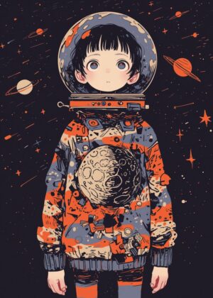 Little Astronaut in Space: Whimsical Cosmic Art - Premium Wooden Framed Poster. Ready to Hang.