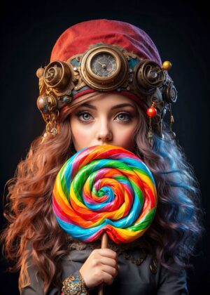 The Lollipop Muse: A Whimsical Steampunk Fantasy - Premium Wooden Framed Poster. Ready to Hang.