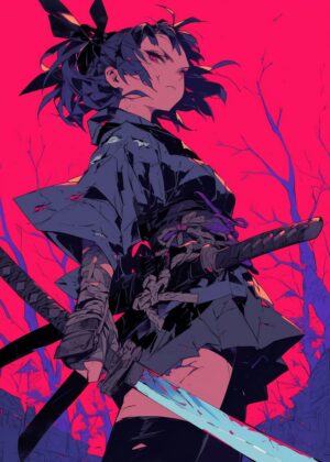Cyberpunk Samurai Girl Art Print - Premium Wooden Framed Poster. Ready to Hang.