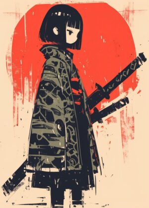 Samurai Girl: A Striking Digital Art Print - Premium Wooden Framed Poster. Ready to Hang.