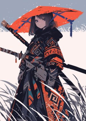 Samurai Girl Artwork: Winter Warrior Print - Premium Wooden Framed Poster. Ready to Hang.