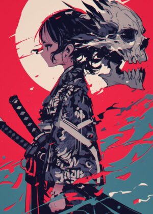 Crimson Samurai: Digital Art Print - Premium Wooden Framed Poster. Ready to Hang.