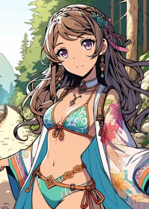 Anime Japanese Girl Hiking in Summer - Premium Wooden Framed Poster. Ready to Hang.