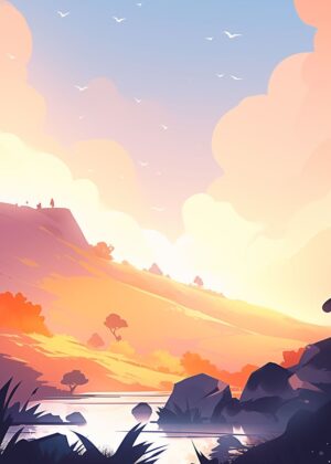 Vibrant Sunset Anime Landscape Art Print - Premium Wooden Framed Poster. Ready to Hang.