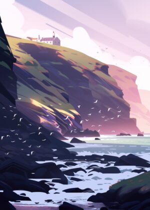 Vibrant Coastal Anime Landscape: Cliffs, Sea, and Birds - Premium Wooden Framed Poster. Ready to Hang.