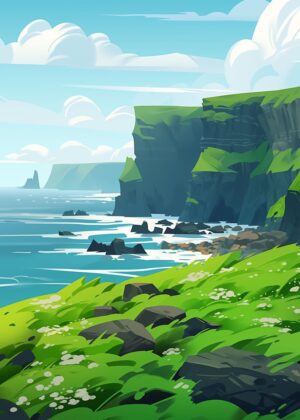 Vibrant Coastal Cliffs Anime Landscape Art Print - Premium Wooden Framed Poster. Ready to Hang.