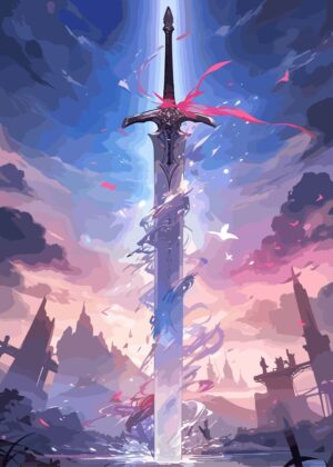 Celestial Blade: Fantasy Art Print - Premium Wooden Framed Poster. Ready to Hang.