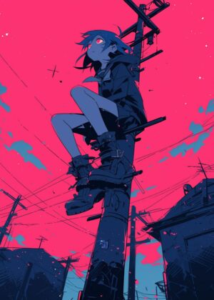 Cyberpunk Girl: Urban Dreamscape Art Print - Premium Wooden Framed Poster. Ready to Hang.
