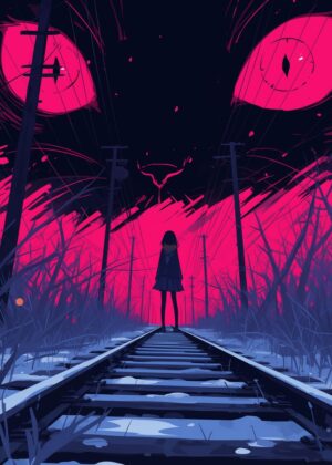 The Girl on the Tracks: A Dark Fantasy Artwork - Premium Wooden Framed Poster. Ready to Hang.