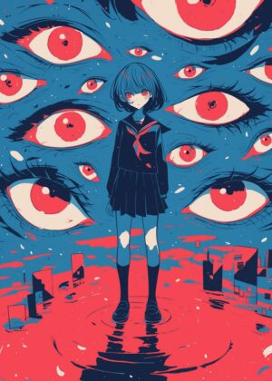 Girl Surrounded by Eyes Art Print - Premium Wooden Framed Poster. Ready to Hang.