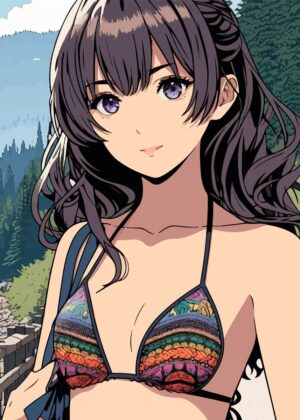 Anime Girl Hiking in Bikini: Vibrant Summer Adventure Art - Premium Wooden Framed Poster. Ready to Hang.