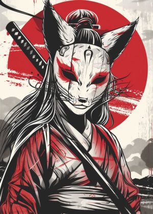 Samurai Girl: Japanese Art Print - Premium Wooden Framed Poster. Ready to Hang.