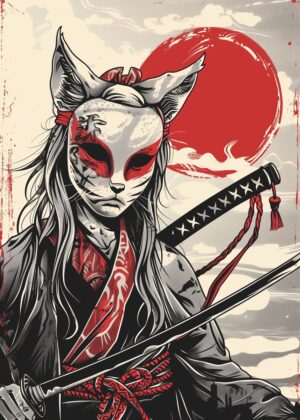 Samurai Cat Girl: Japanese Art Print - Premium Wooden Framed Poster. Ready to Hang.