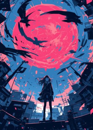 Abnormal Core: Anime Girl in Urban Landscape - Premium Wooden Framed Poster. Ready to Hang.