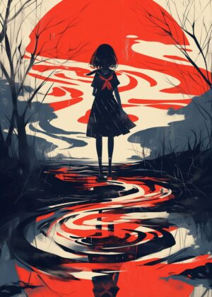 Crimson Reflection: A Grisaille Girl and the Setting Sun - Premium Wooden Framed Poster. Ready to Hang.