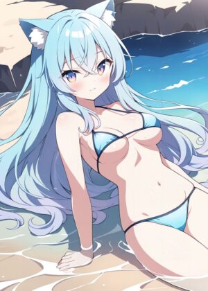 Anime Girl at the Beach: Summer Vibes - Premium Wooden Framed Poster. Ready to Hang.