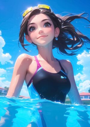 Anime Dream Girl: Poolside Paradise - Premium Wooden Framed Poster. Ready to Hang.