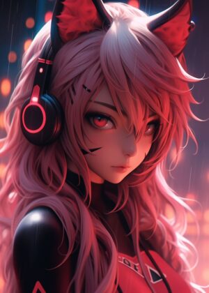 Cyberpunk Neko Girl Art Print - Premium Wooden Framed Poster. Ready to Hang.