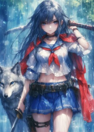 Anime Wolf Girl in the Rain - Premium Wooden Framed Poster. Ready to Hang.