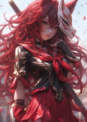 Anime Samurai Girl: Fiery Red Hair and Kitsune Mask - Premium Wooden Framed Poster. Ready to Hang.