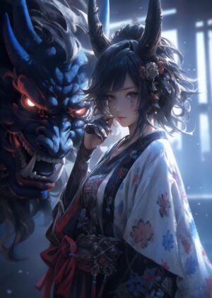 Dragon Demon Girl: Anime Fantasy Art Print - Premium Wooden Framed Poster. Ready to Hang.