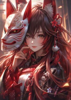 Kitsune Samurai Girl: Anime Art Print - Premium Wooden Framed Poster. Ready to Hang.