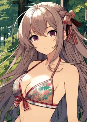 Anime Girl Hiking in a Bikini - Premium Wooden Framed Poster. Ready to Hang.