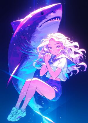 Anime Girl and Great White Shark: Neon Dreams - Premium Wooden Framed Poster. Ready to Hang.